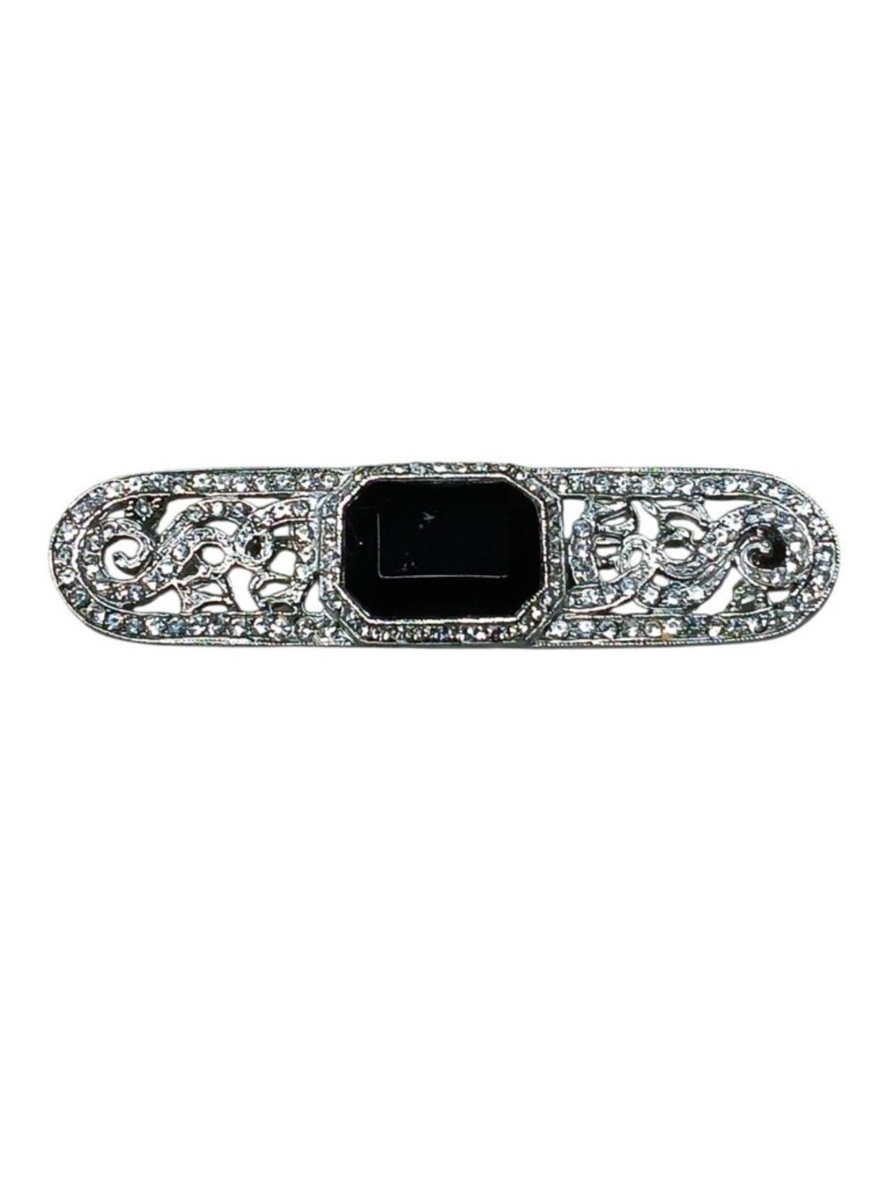 Maresco Art Deco Filigree Brooch Openwork Scrollwork Black Center Rhinestones